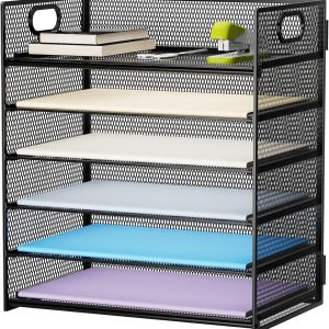 6 Tier Paper Organizer Letter Tray - Mesh Desk File Organizer with Handle